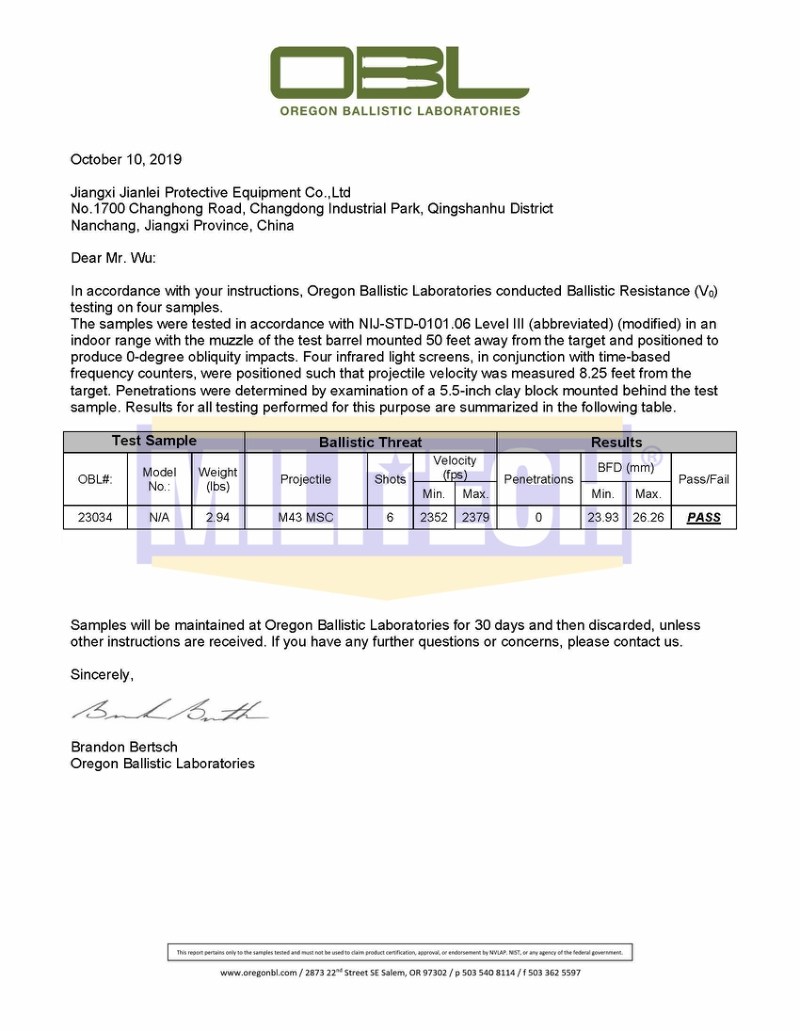 PE Ballistic Plate OBL M43 NIJ III+ 0101.06 Or NIJ 0101.07 RF1 Rated Test Report 1